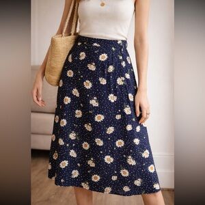 Vintage Daisy Polka Dot Midi Skirt Cottagecore Floral High Rise Button Detail